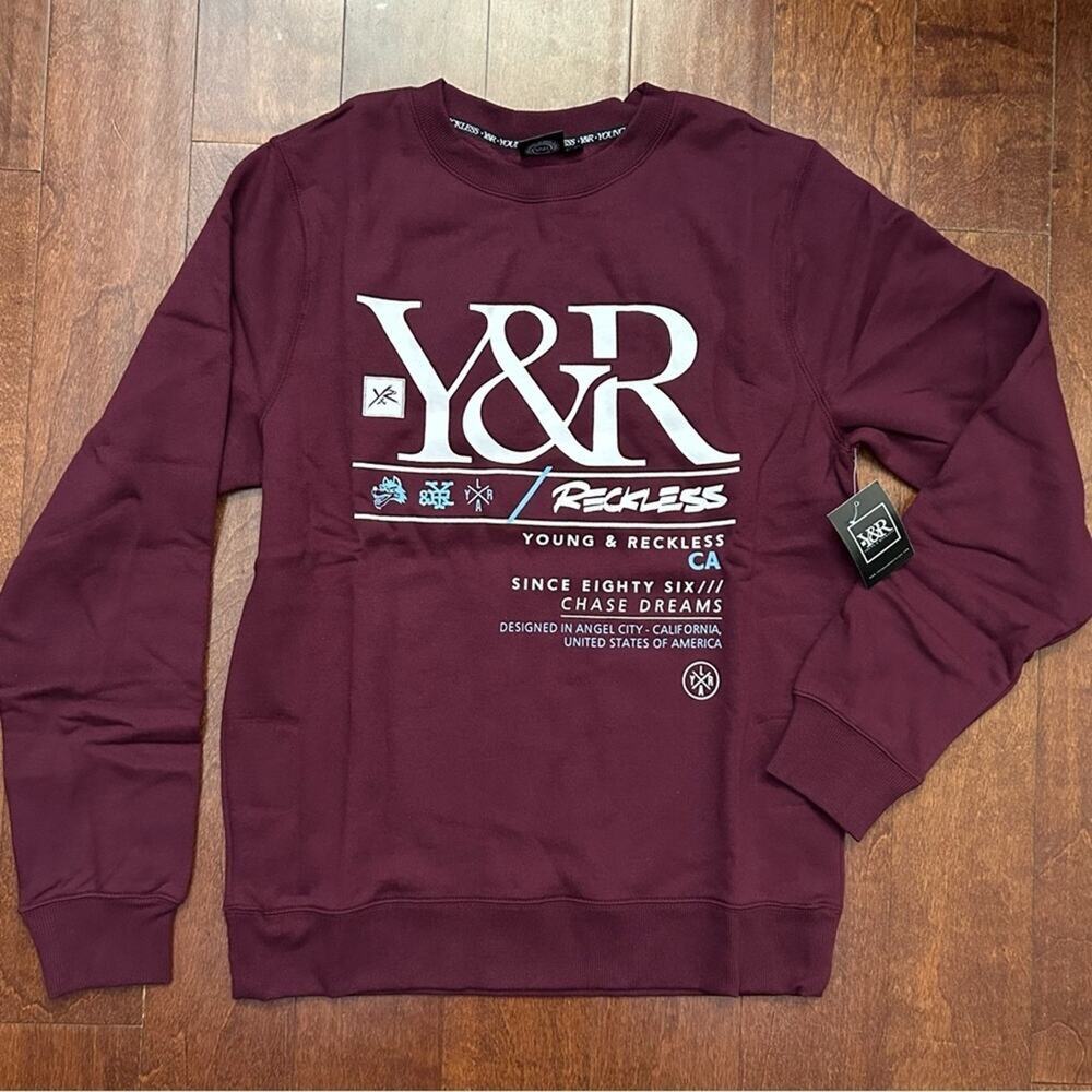 Young & Reckless Burgundy Maroon Men’s Crewneck Sweater, Size Medium, NWT